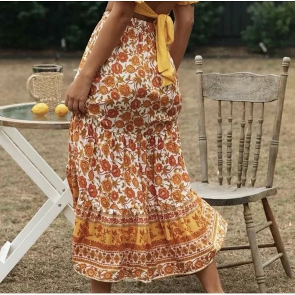 Alice Blue Floral Boho Tiered Ruffle Maxi Skirt Cottagecore Women's Size Small - Picture 2 of 11